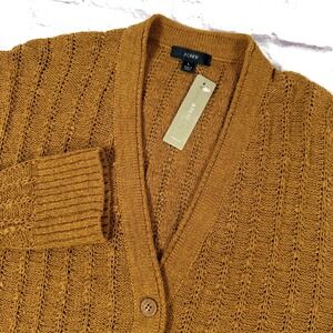 NWT J.Crew Pointelle V Neck Sweater Cardigan Womens Large Mustard Cotton Blend